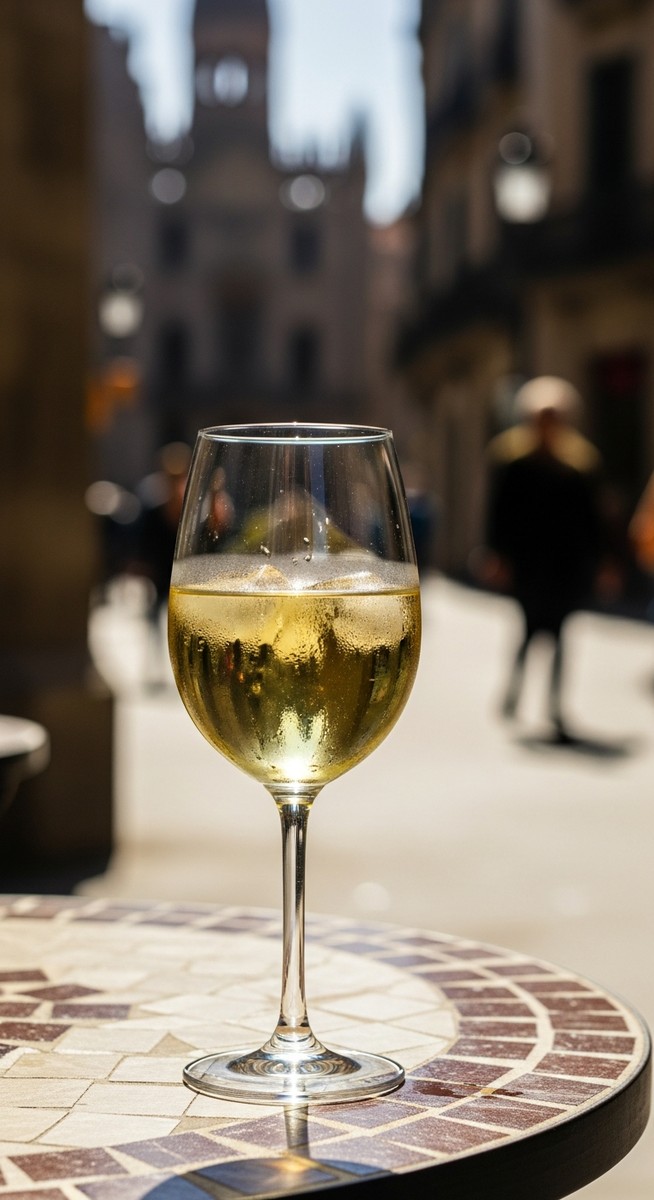 a glass of Spanish wine on a cafe table in Barcelona