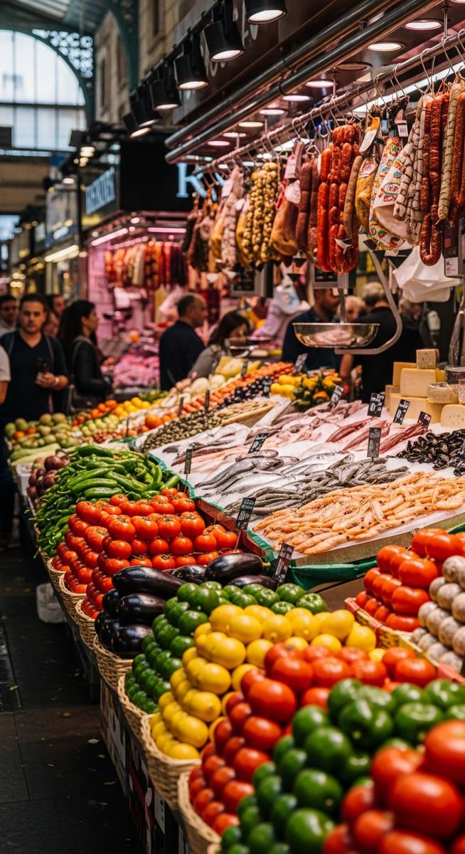 a Barcelona food market with colourful stalls