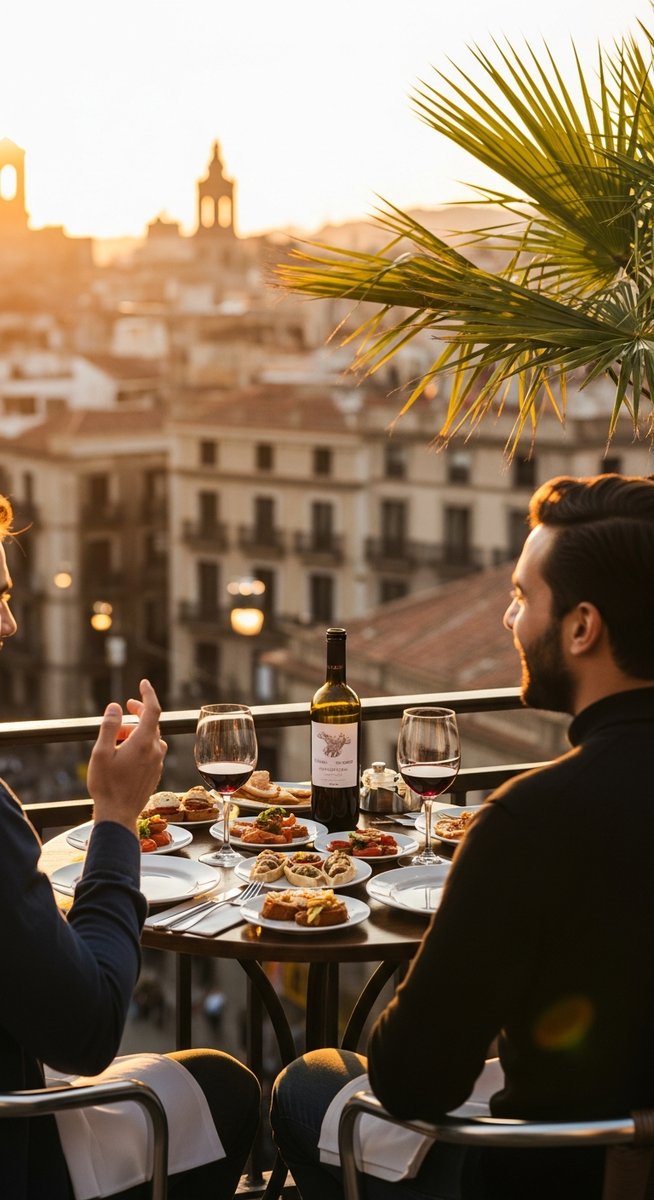two friends at a restaurant terrace in Barcelona with food and wine