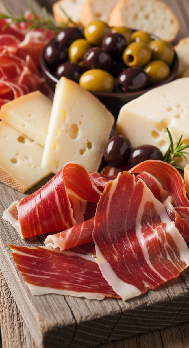 Spanish charcuterie on a wooden board in Barcelona