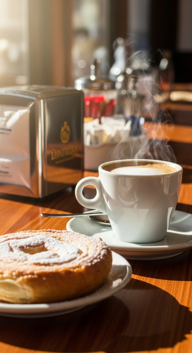 a cafe con leche and pastry on a Spanish cafe counter