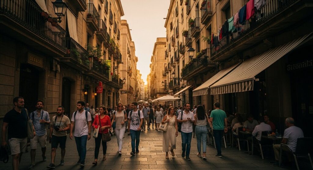 a lively Barcelona street or plaza in summer