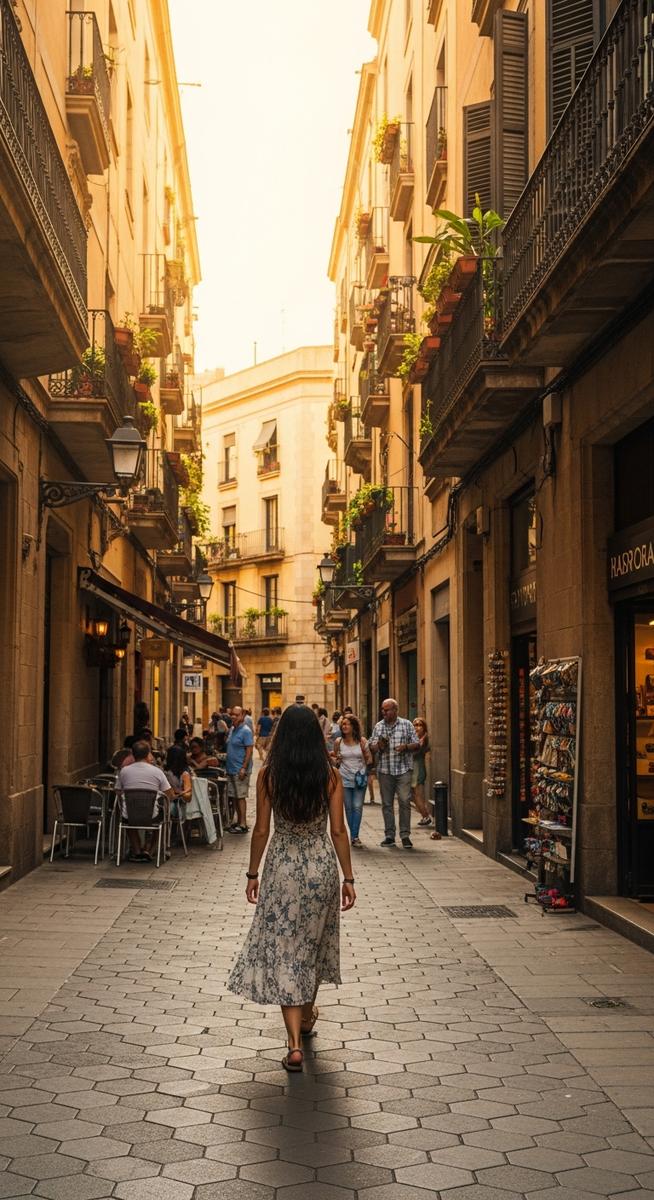 a woman walking through a Barcelona neighbourhood in summer