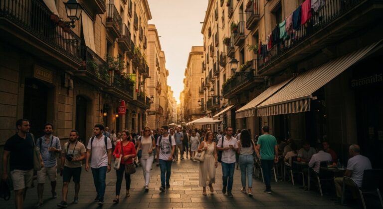 a lively Barcelona street or plaza in summer
