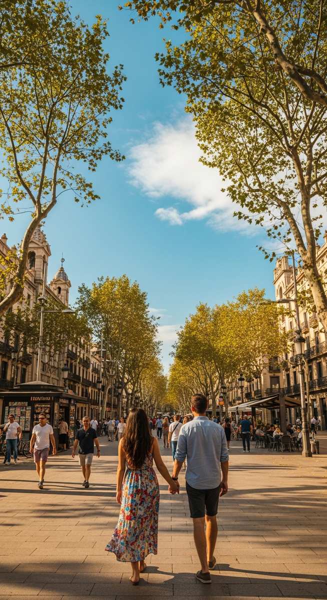 a couple strolling along La Rambla in Barcelona in summer