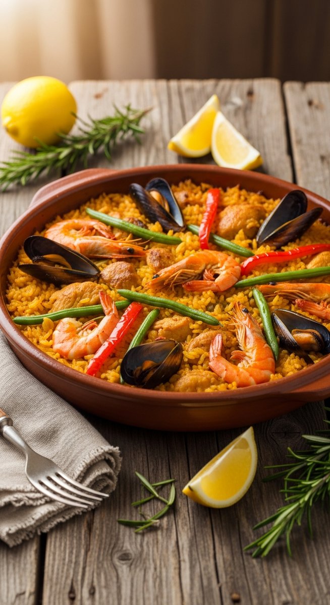 a bowl of paella valenciana in a terracotta dish