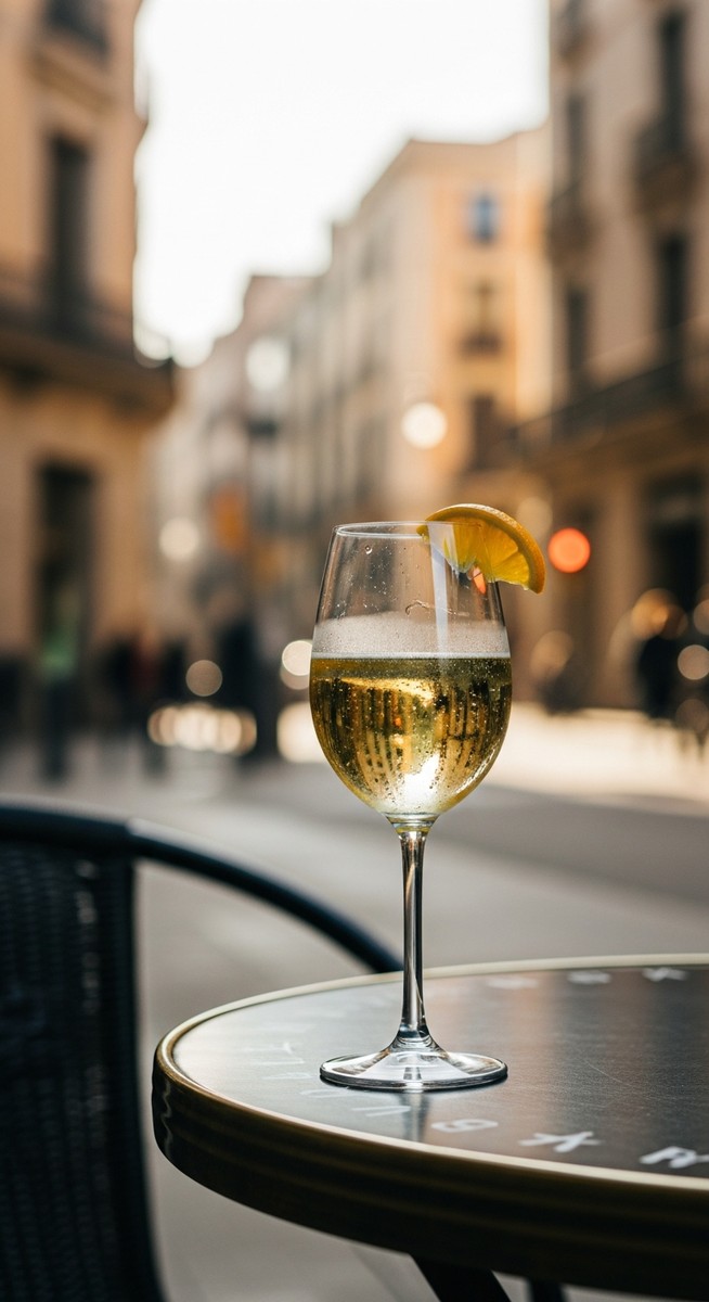 a glass of Spanish wine on a cafe table in Barcelona featuring tapas