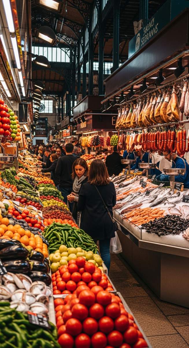a Barcelona food market with colourful stalls