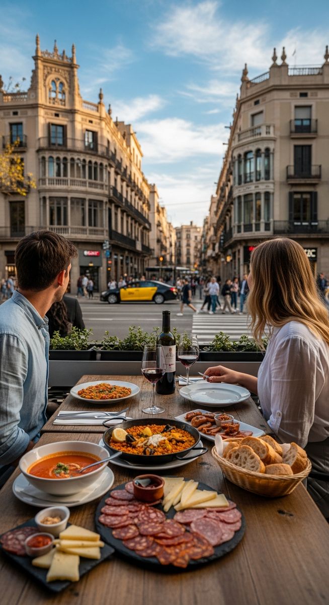 two friends at a restaurant terrace in Barcelona with food and wine