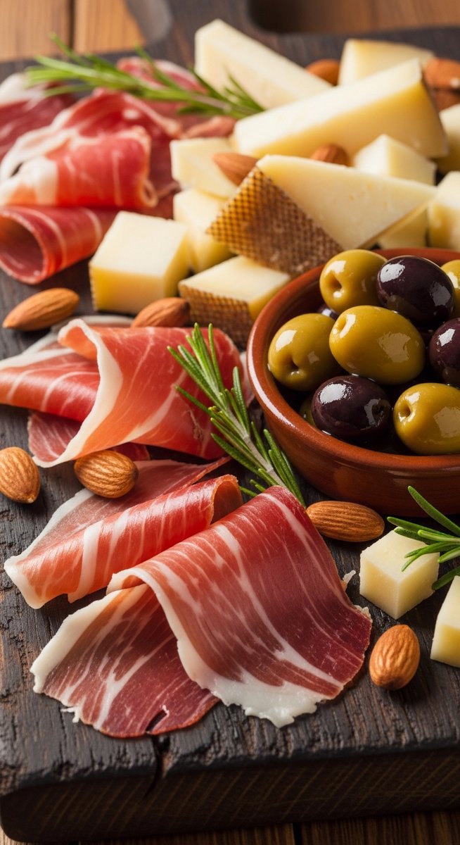 Spanish charcuterie on a wooden board featuring tapas