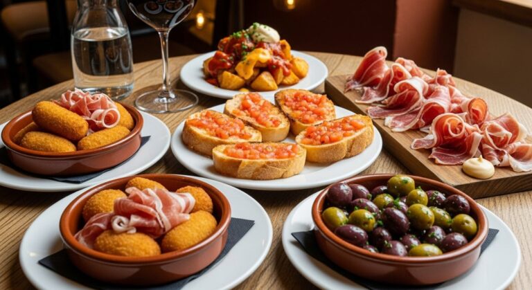 a spread of Spanish tapas on a restaurant table in Barcelona featuring tapas