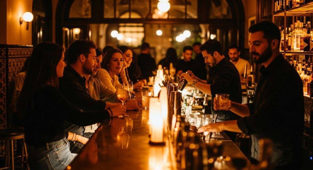 a Barcelona bar at night with warm amber lighting on a bar crawl