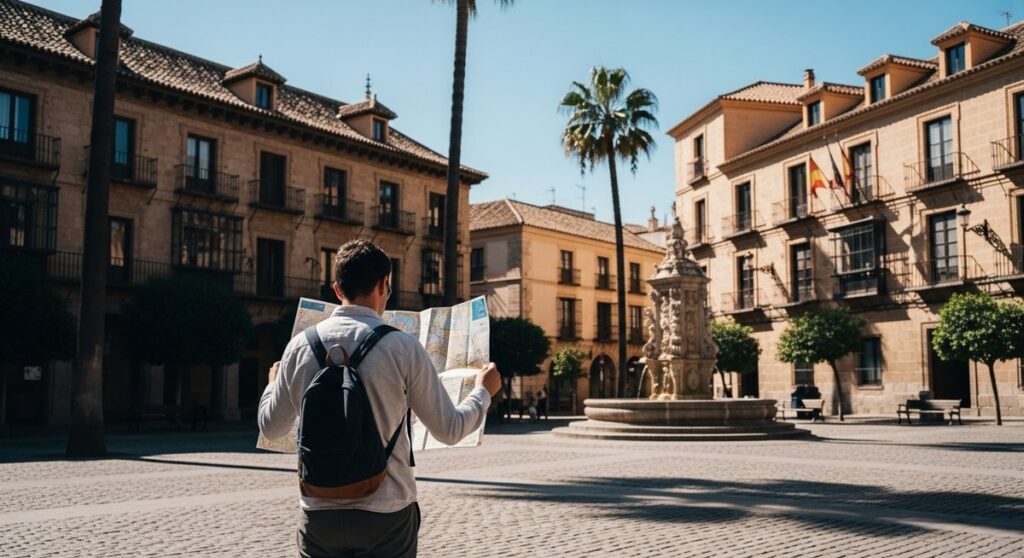 a traveller looking at a map in a sunny Spanish plaza