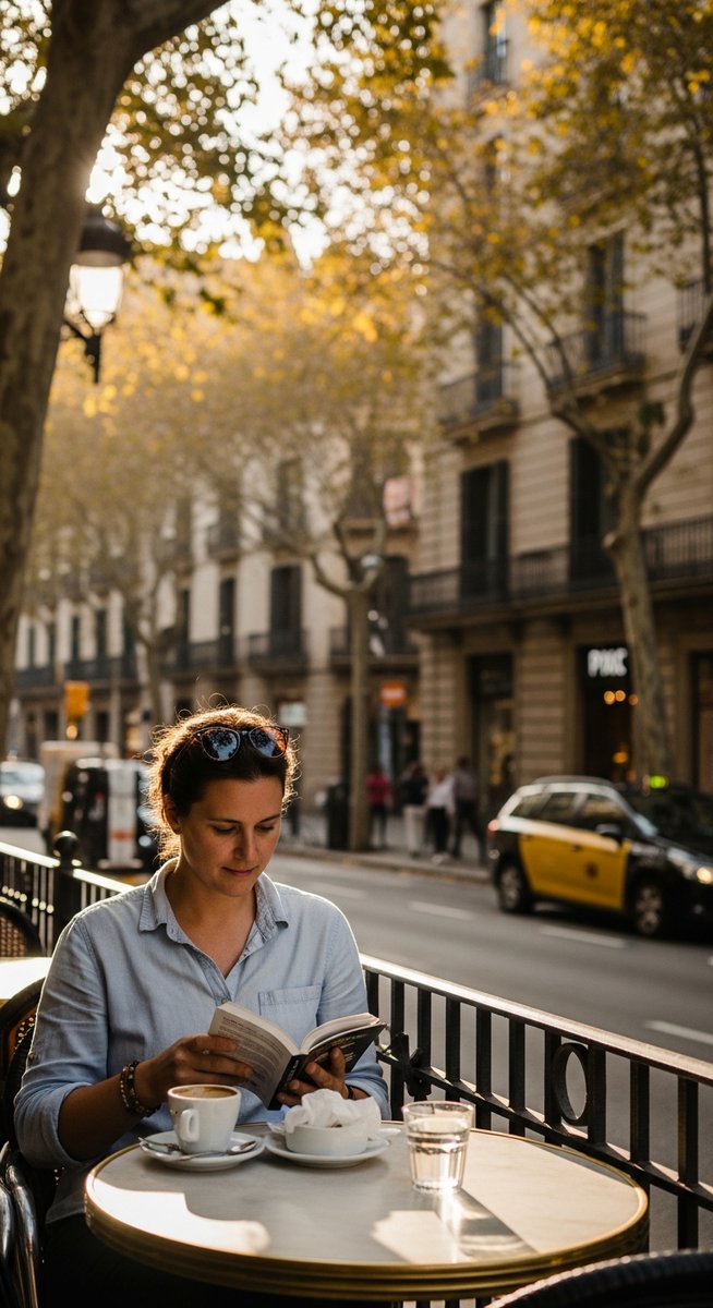 a person at an outdoor cafe in Barcelona with a guidebook