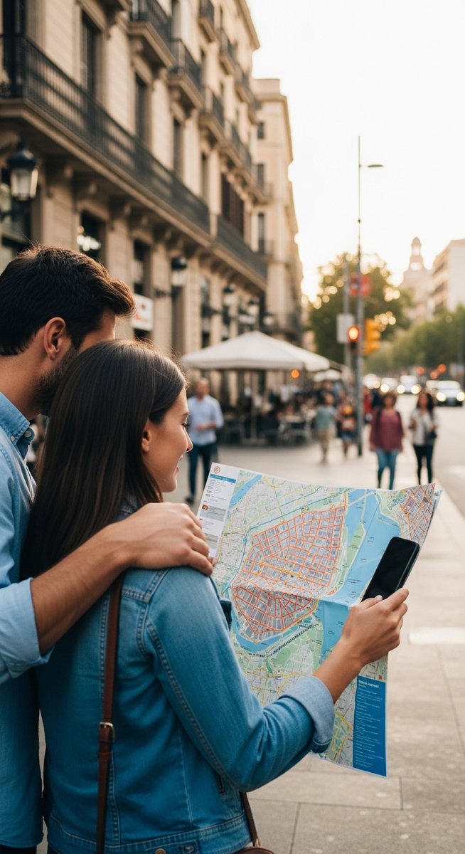 a couple looking at a map together in Barcelona