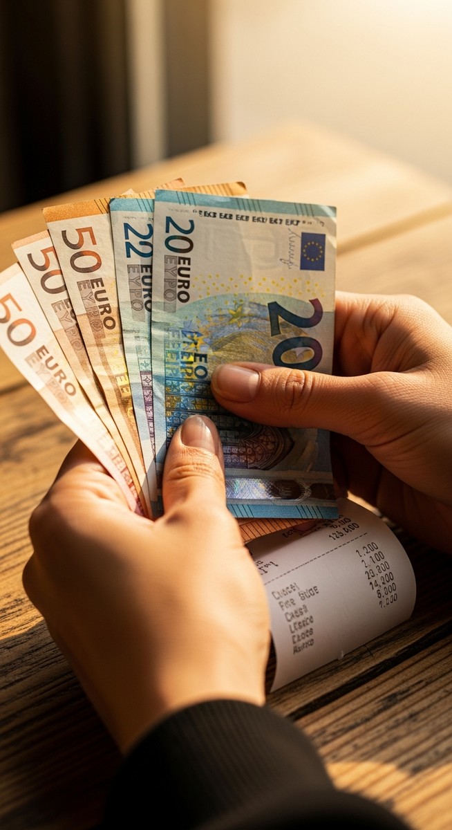 hands holding euro notes next to a cafe receipt in Barcelona