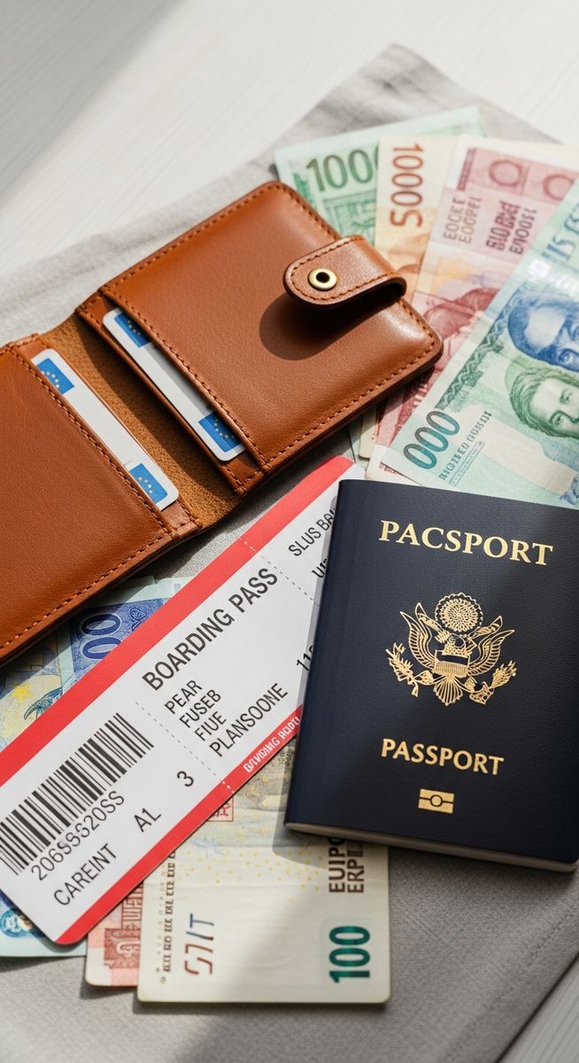 a travel wallet, passport and boarding pass flatlay
