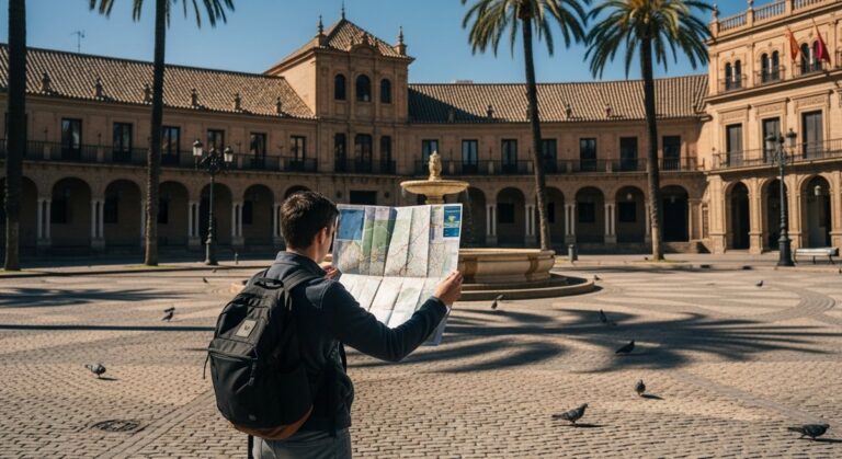 a traveller looking at a map in a sunny Spanish plaza in Barcelona