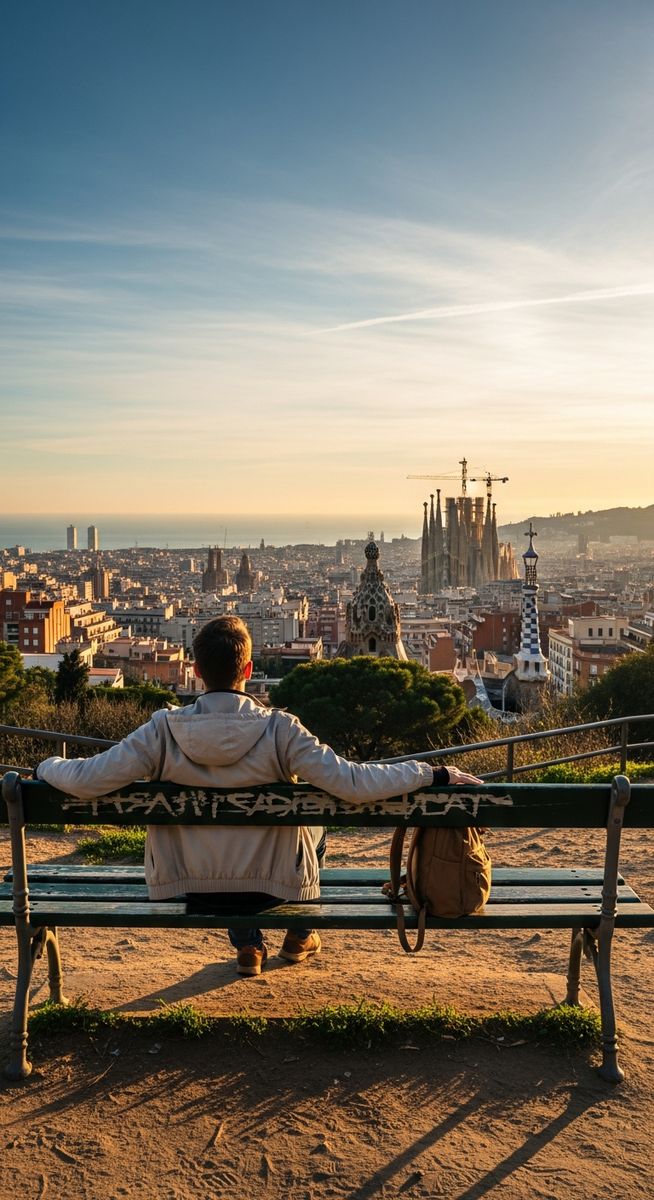 a traveller sitting on a bench in Barcelona