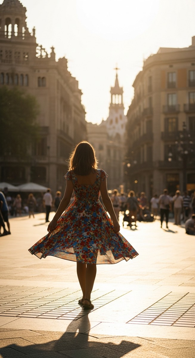 a woman in a summer dress walking through a Barcelona plaza in