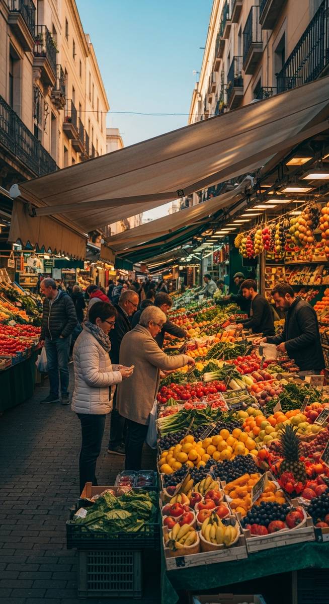 a bustling market in Barcelona in