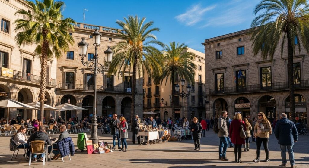 a lively Barcelona street or plaza in winter