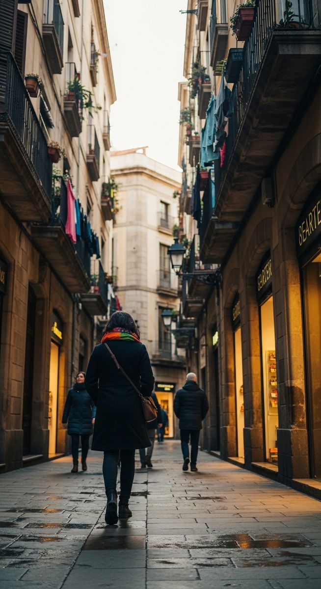a woman walking through a Barcelona neighbourhood in winter