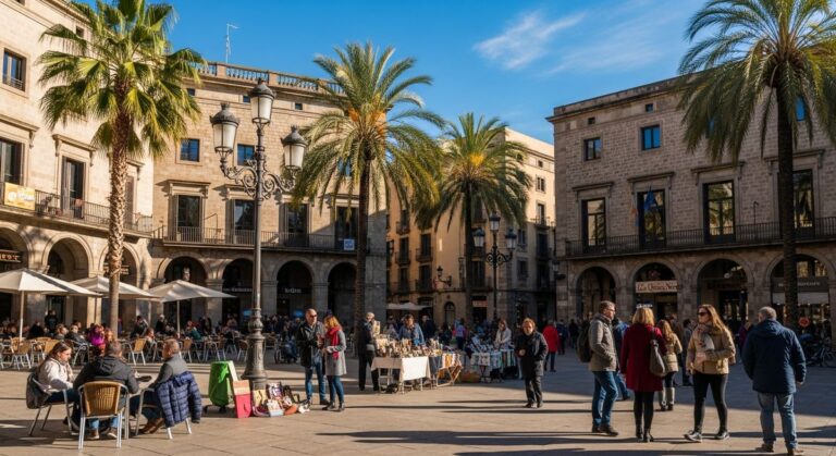 a lively Barcelona street or plaza in winter