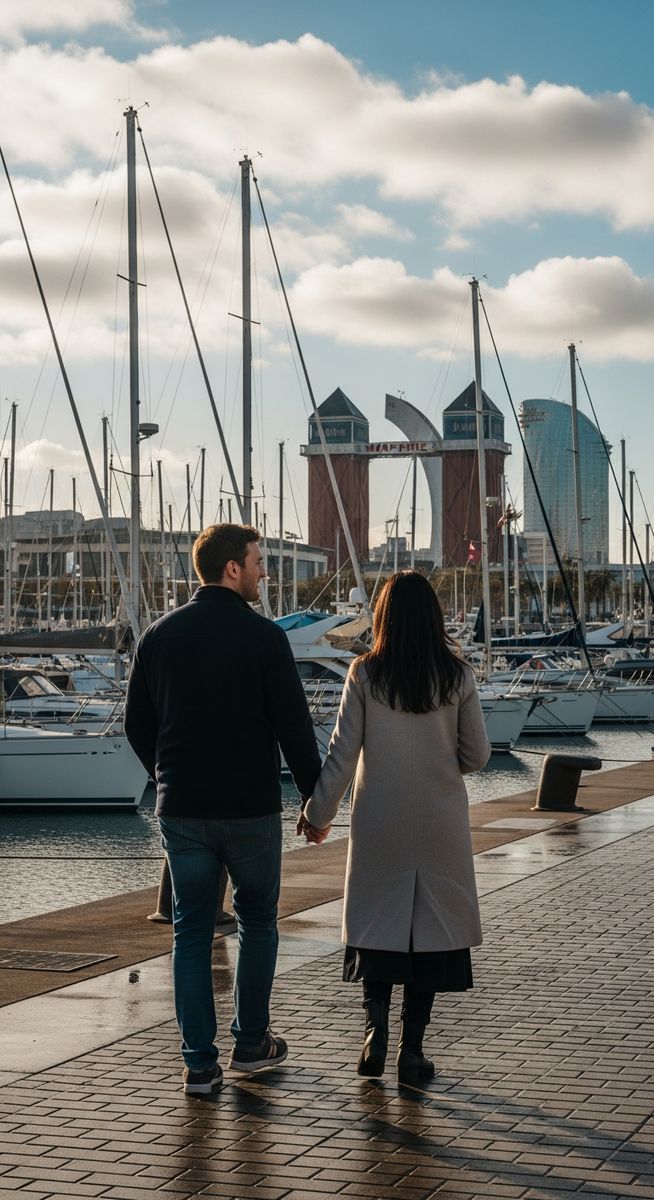 a couple strolling along La Rambla in Barcelona in winter
