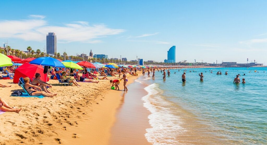 a Barcelona beach on a sunny summer day at the beaches