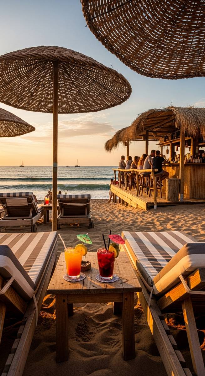 a beach bar on the Barcelona coast with sun loungers at the beaches