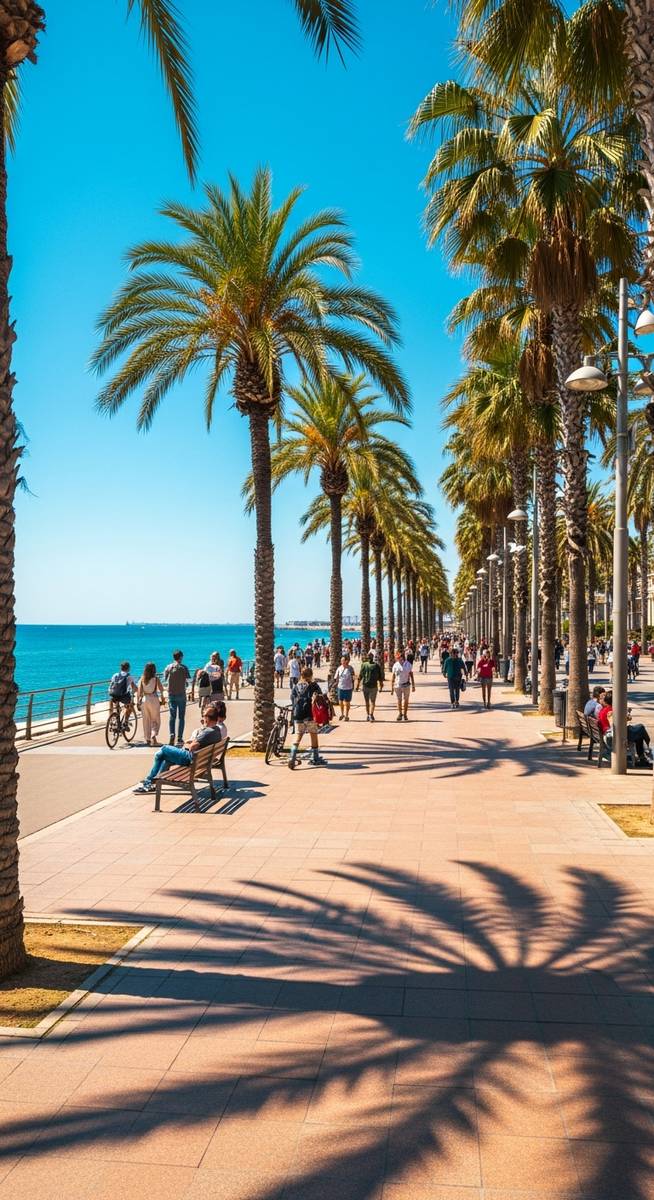 the Barcelona seafront promenade with palm trees