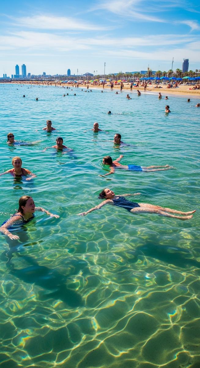 people swimming in the sea off a Barcelona beach at the beaches