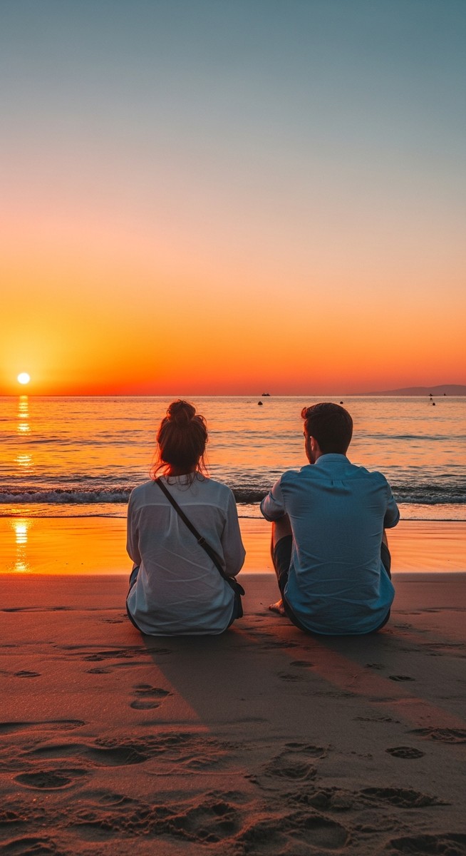 two friends sitting on a Barcelona beach at sunset