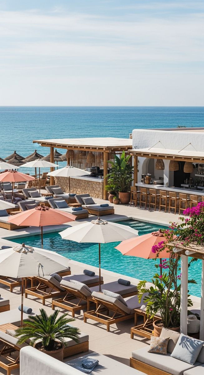 a Spanish beach club with sunbeds and umbrellas at the beaches