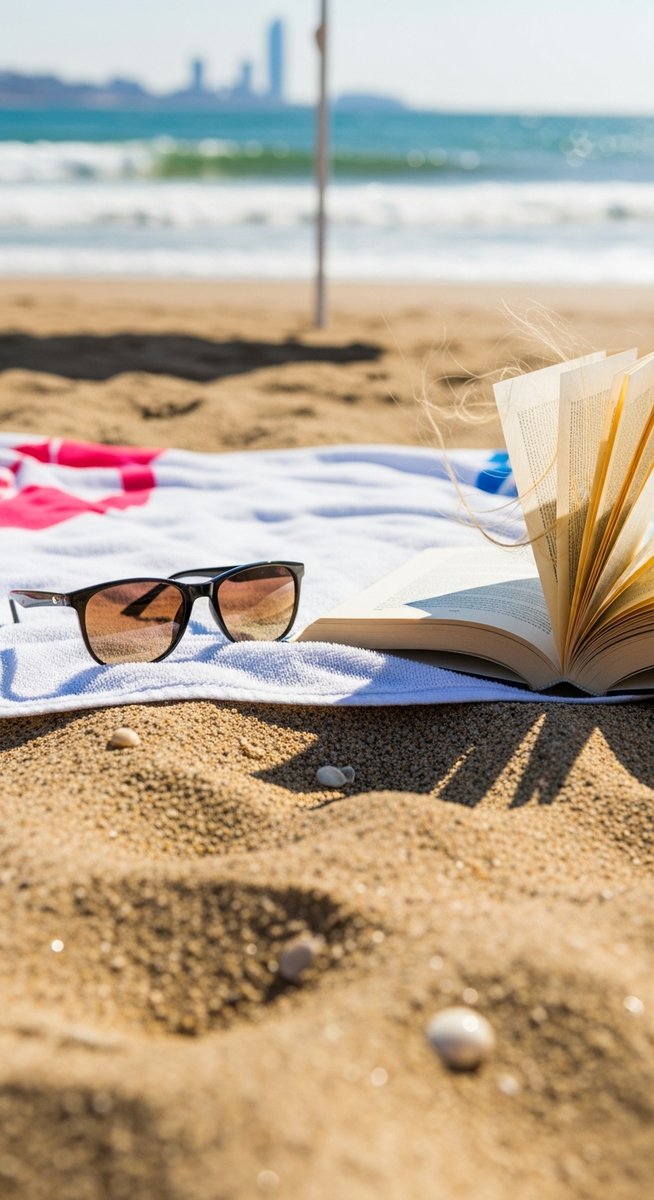 a beach towel and sunglasses on a Barcelona beach at the beaches