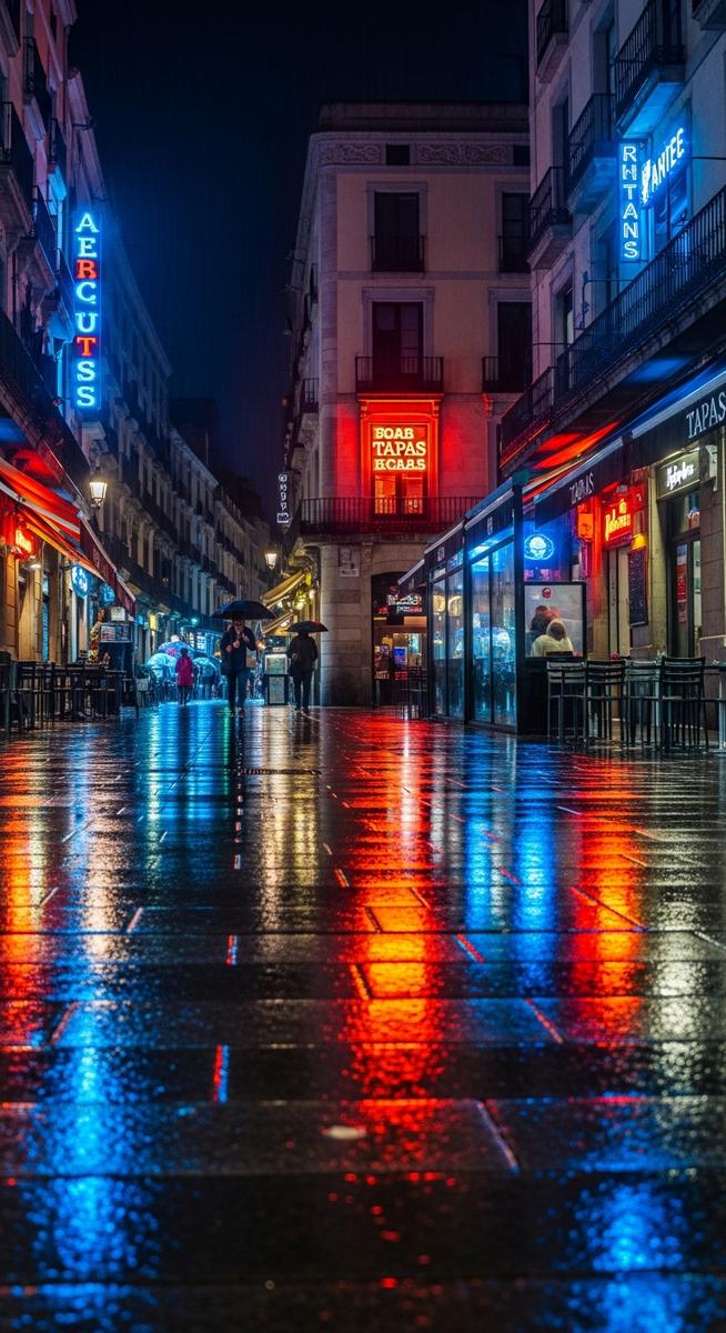 a Barcelona street at night with neon signs