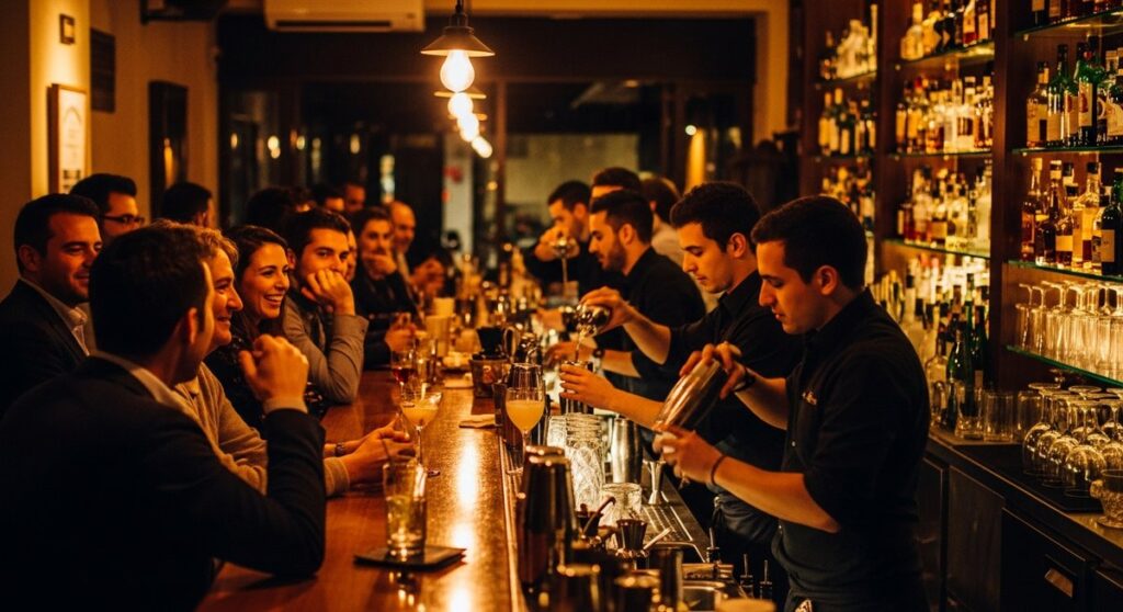 a Barcelona bar at night with warm amber lighting