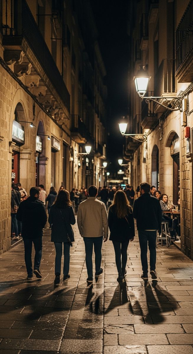 friends walking through Barcelona old town at night