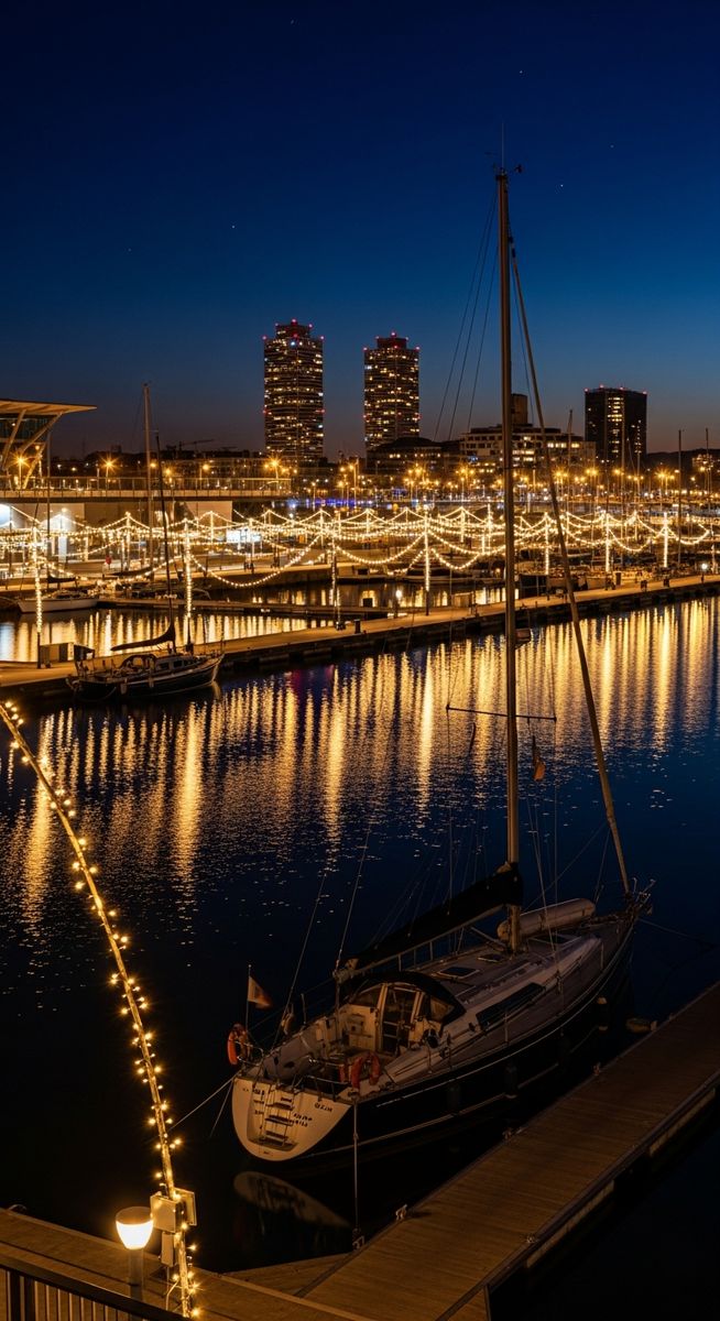 the Barcelona waterfront at night with string lights