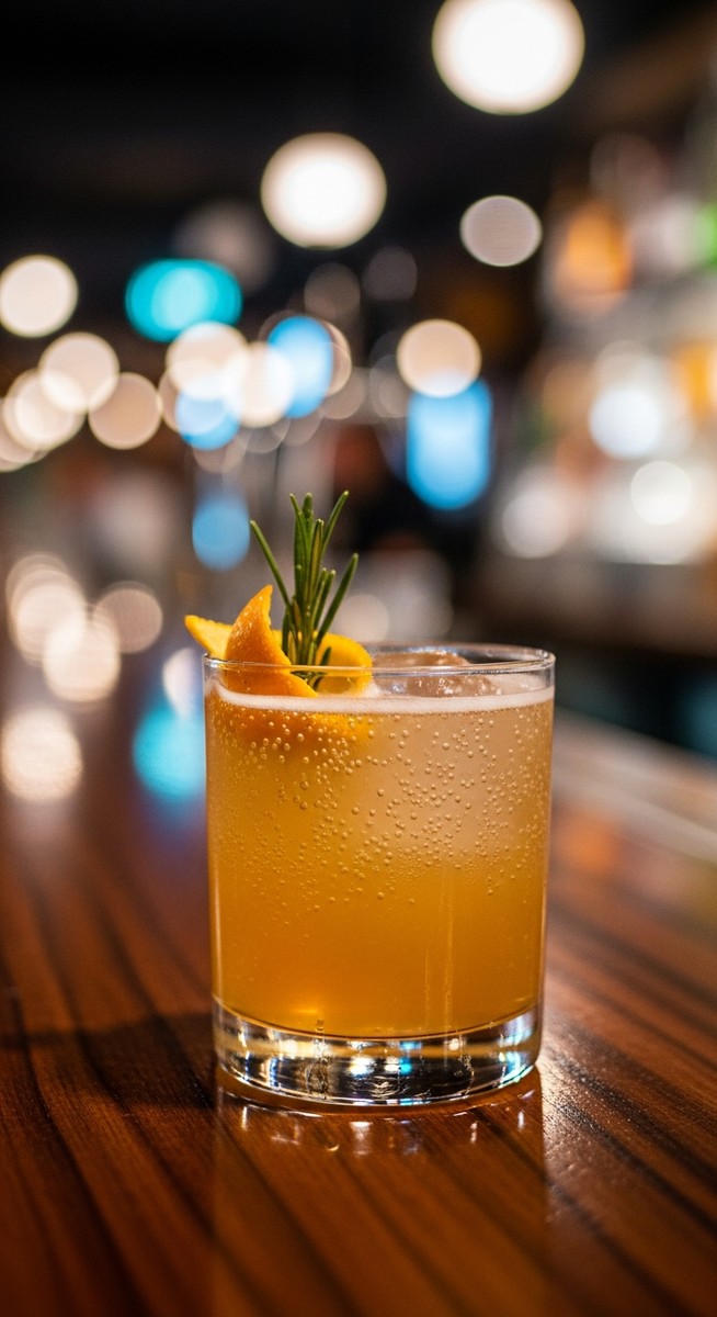 a craft cocktail on a Barcelona bar counter at night