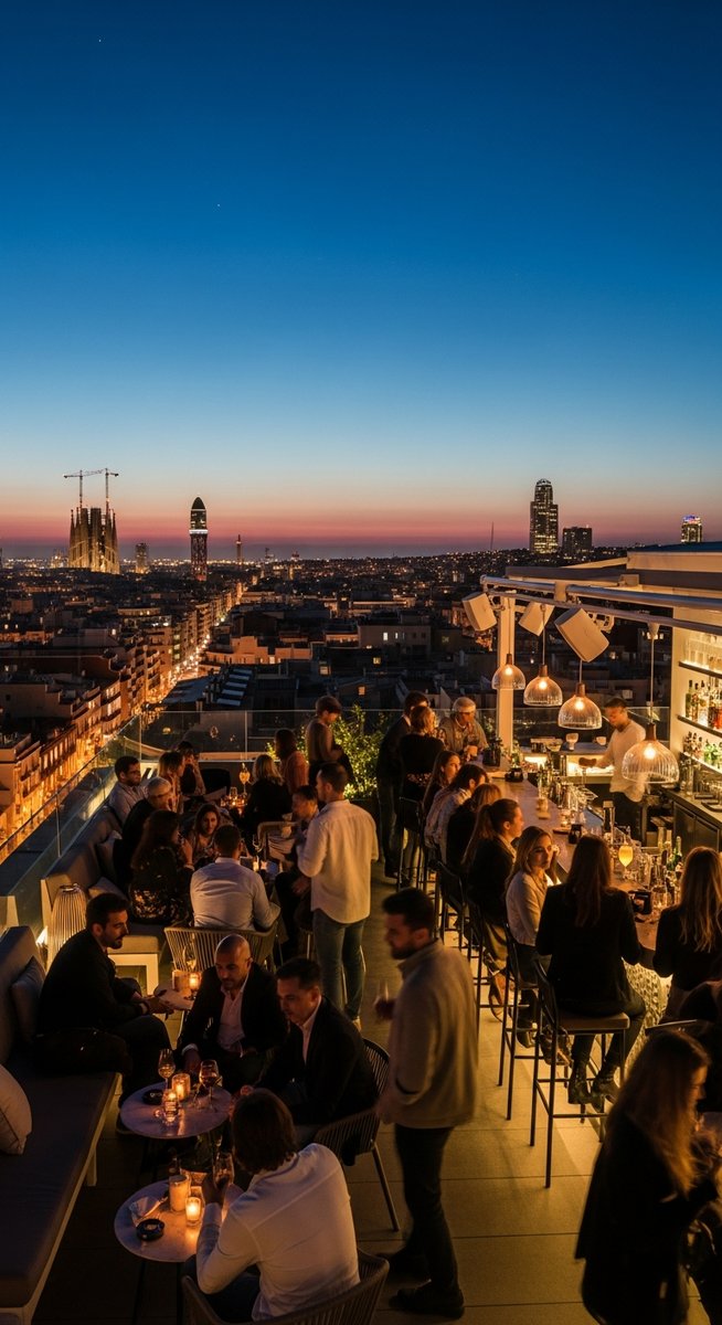 a rooftop bar in Barcelona at night with city lights