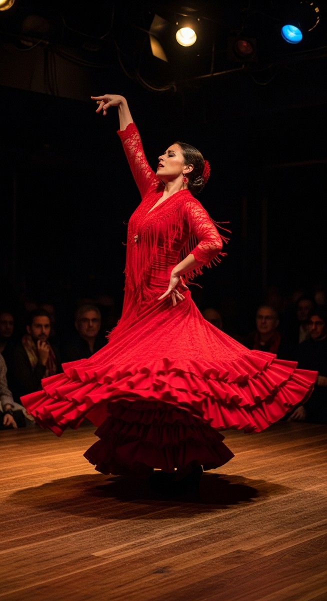 a flamenco dancer on a stage in a Barcelona tablao on a night out