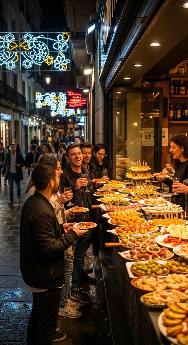 a Barcelona tapas bar at night with people outside