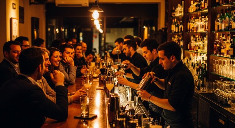 a Barcelona bar at night with warm amber lighting