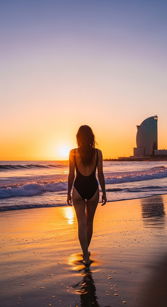 a woman walking along the shoreline of a Barcelona beach