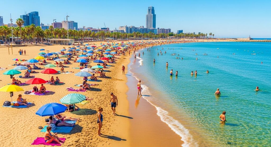 a Barcelona beach on a sunny summer day at the beaches
