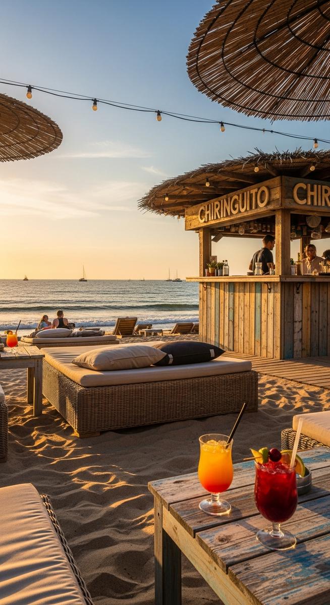 a beach bar on the Barcelona coast with sun loungers at the beaches