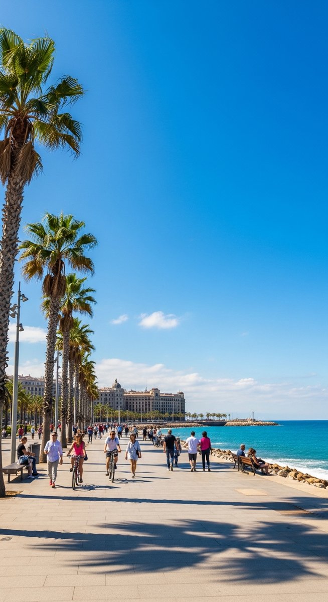 the Barcelona seafront promenade with palm trees