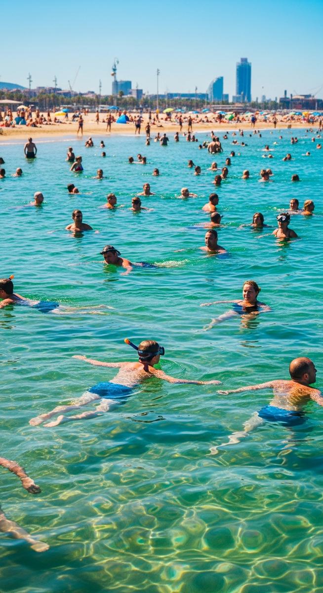 people swimming in the sea off a Barcelona beach at the beaches